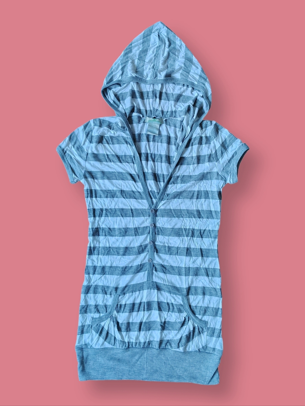 Y2k Vintage Gray Striped Henley Top Small Hooded Preppy Short Sleeve Hoodie Tee